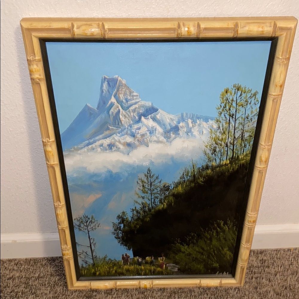 Mountain Landscape Painting with Bamboo Frame Size Approximately 17X26”